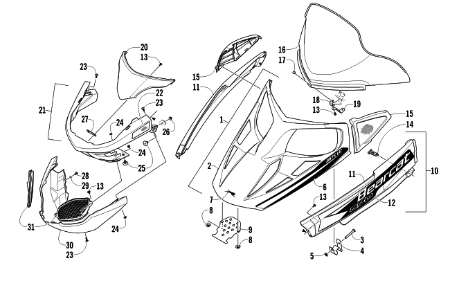 HOOD, WINDSHIELD, AND FRONT BUMBER ASSEMBLY