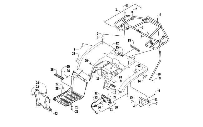 REAR BODY, RACK, AND TAILLIGHT ASSEMBLY