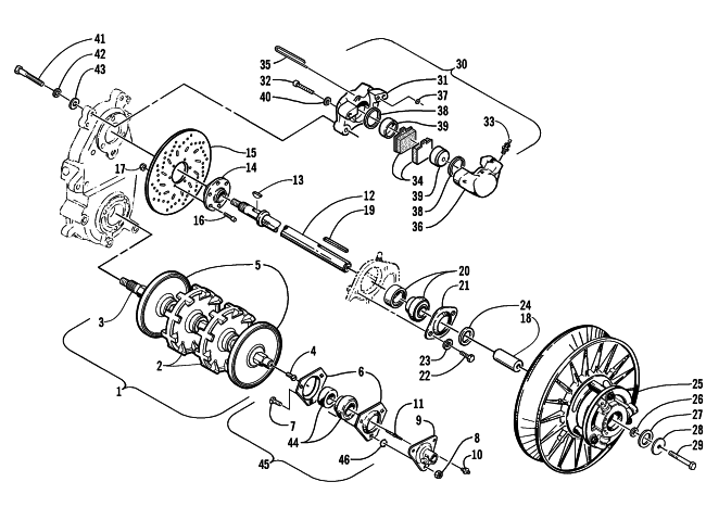 DRIVE TRAIN SHAFTS AND BRAKE ASSEMBLIES