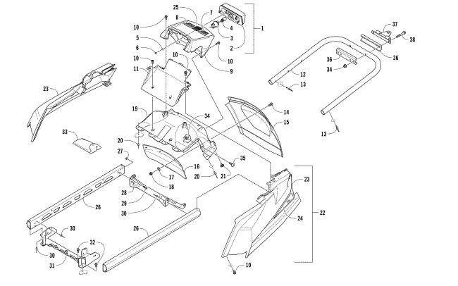 REAR BUMPER, HITCH, RACK RAIL, SNOWFLAP, AND TAILLIGHT ASSEMBLY