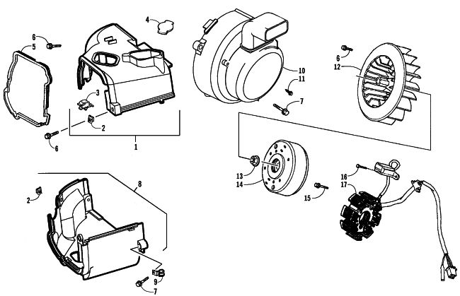 STATOR, FLYWHEEL, AND ENGINE SHROUD ASSEMBLIES