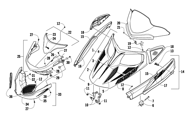 HOOD, WINDSHIELD, AND FRONT BUMPER ASSEMBLY