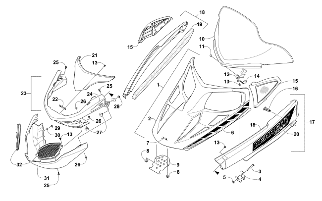 HOOD, WINDSHIELD, AND FRONT BUMPER ASSEMBLY