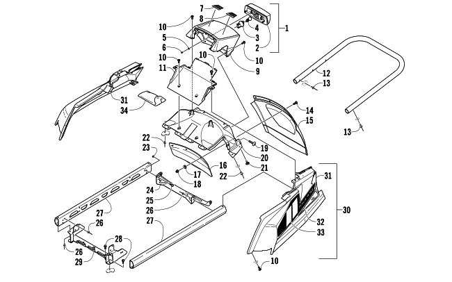 REAR BUMPER, RACK RAIL, SNOWFLAP, AND TAILLIGHT ASSEMBLY