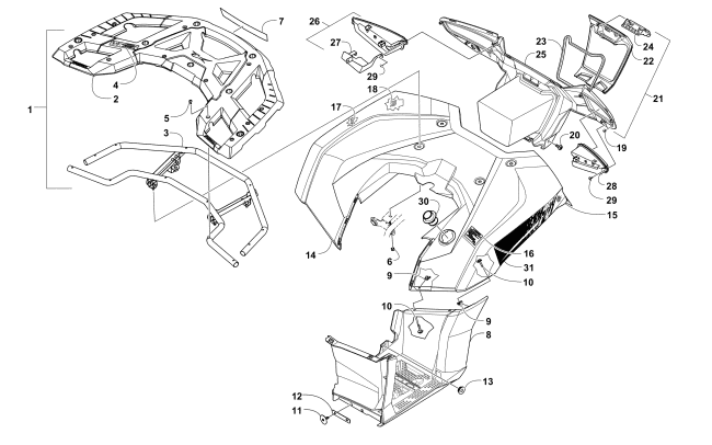 REAR RACK, BODY PANEL, FOOTWELL, AND TAILLIGHT ASSEMBLIES