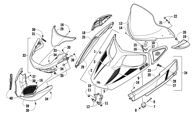 HOOD, WINDSHIELD, AND FRONT BUMPER ASSEMBLY