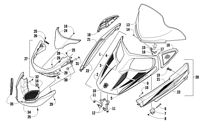 HOOD, WINDSHIELD, AND FRONT BUMPER ASSEMBLY