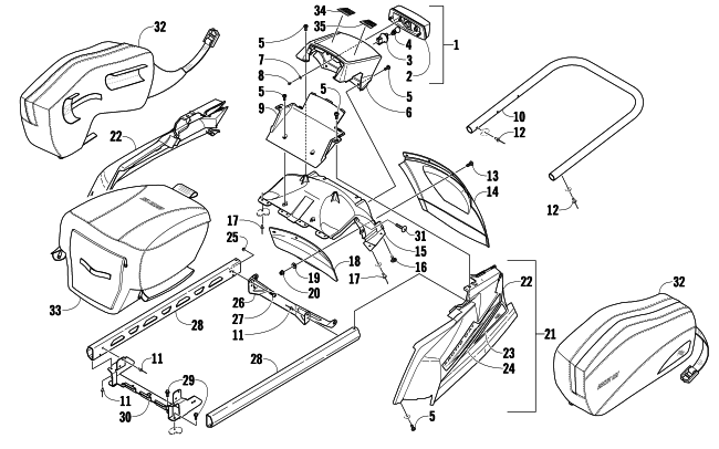 REAR BUMPER, RACK RAIL, SNOWFLAP, AND TAILLIGHT ASSEMBLY