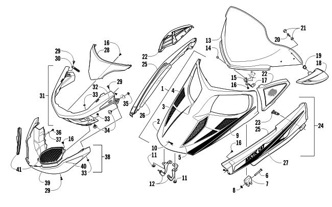 HOOD, WINDSHIELD, AND FRONT BUMPER ASSEMBLY