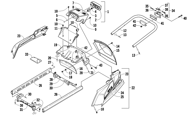 REAR BUMPER, HITCH, RACK RAIL, SNOWFLAP, AND TAILLIGHT ASSEMBLY