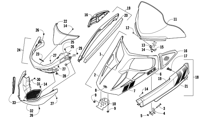 HOOD, WINDSHIELD, AND FRONT BUMPER ASSEMBLY