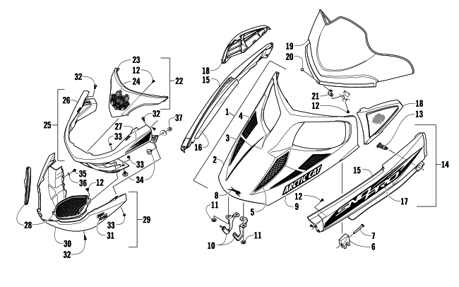 HOOD, WINDSHIELD, AND FRONT BUMPER ASSEMBLY