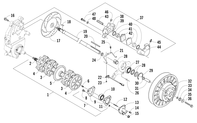 DRIVE TRAIN SHAFTS AND BRAKE ASSEMBLIES