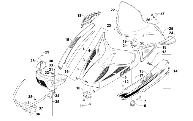 HOOD, WINDSHIELD, AND FRONT BUMPER ASSEMBLY