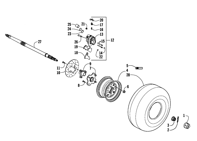 REAR WHEELS, AXLE, AND BRAKE ASSEMBLY