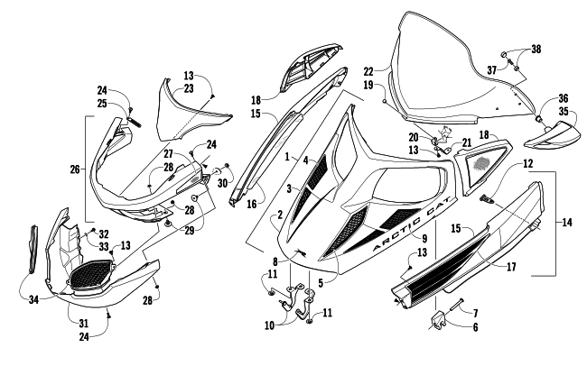 HOOD, WINDSHIELD, AND FRONT BUMPER ASSEMBLY