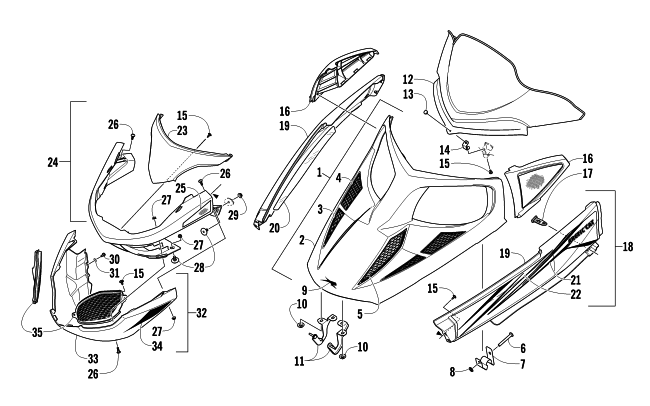 HOOD, WINDSHIELD, AND FRONT BUMPER ASSEMBLY