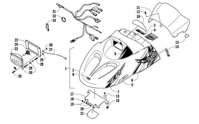 HOOD, HEADLIGHT, AND WINDSHIELD ASSEMBLY