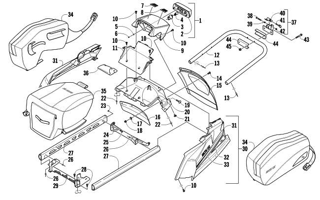 REAR BUMPER, RACK RAIL, SNOWFLAP, AND TAILLIGHT ASSEMBLY