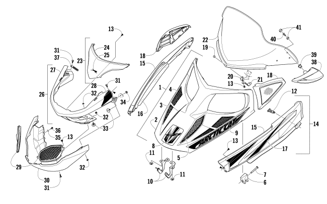 HOOD, WINDSHIELD, AND FRONT BUMPER ASSEMBLY