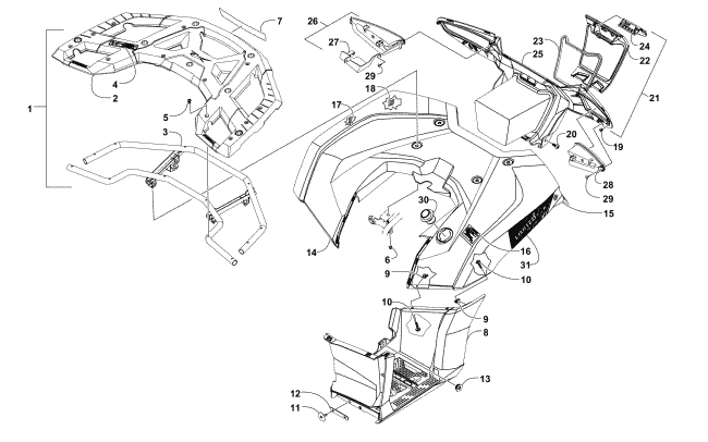 REAR RACK, BODY PANEL, FOOTWELL, AND TAILLIGHT ASSEMBLIES