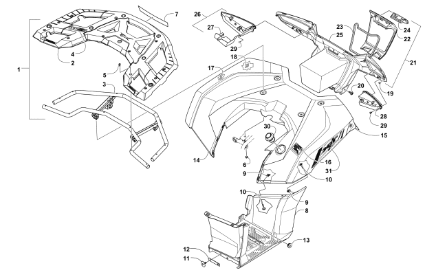 REAR RACK, BODY PANEL, FOOTWELL, AND TAILLIGHT ASSEMBLIES