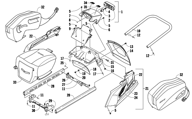 REAR BUMPER, RACK RAIL, SNOWFLAP, AND TAILLIGHT ASSEMBLY