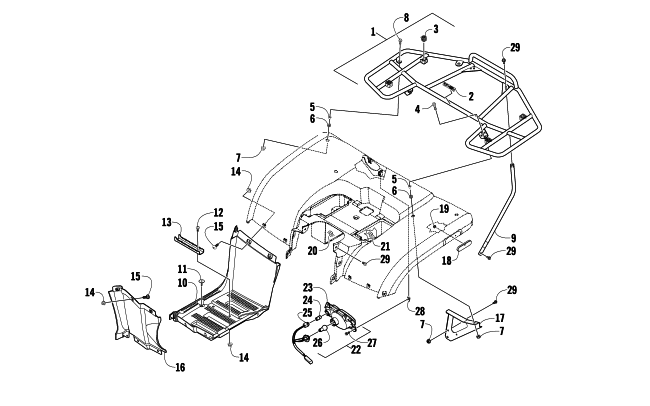 REAR RACK, FOOTWELL, AND TAILLIGHT ASSEMBLY