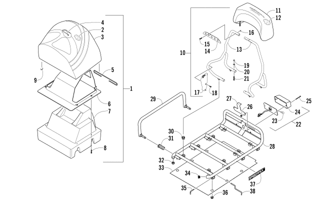 REAR SEAT, BACKREST, AND RACK ASSEMBLY