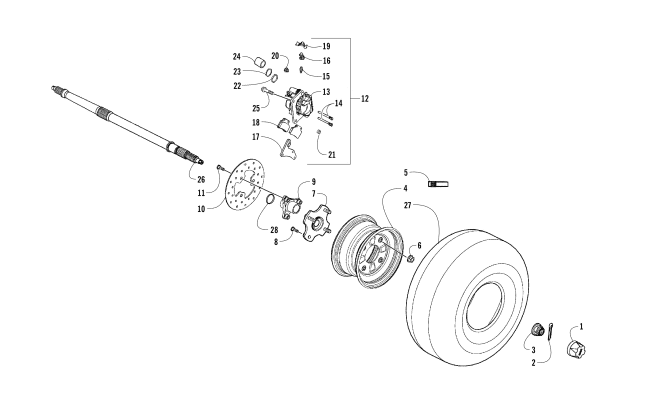 REAR WHEELS, AXLE, AND BRAKE ASSEMBLY