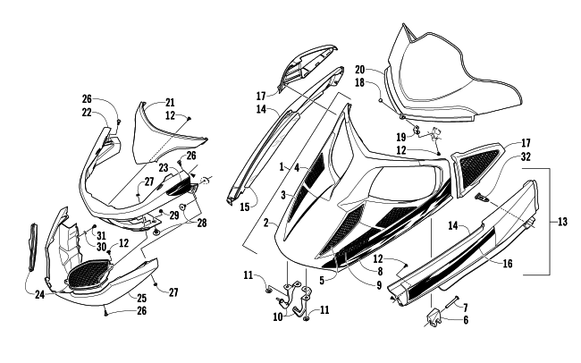 HOOD, WINDSHIELD, AND FRONT BUMPER ASSEMBLY