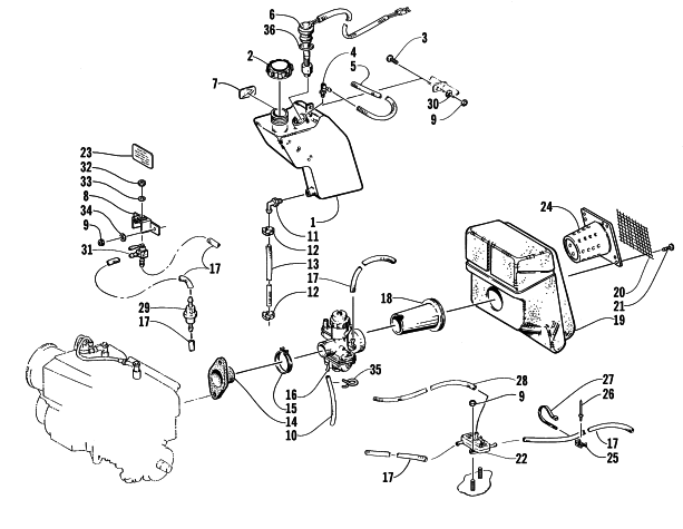 OIL TANK, CARBURETOR, FUEL PUMP, AND SILENCER