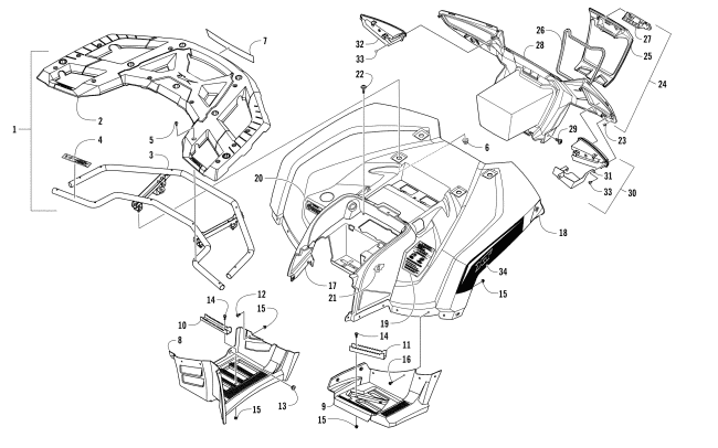 REAR RACK, BODY PANEL, FOOTWELL, AND TAILLIGHT ASSEMBLIES