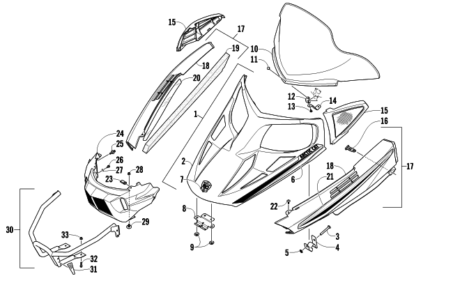 HOOD, WINDSHIELD, AND FRONT BUMPER ASSEMBLY