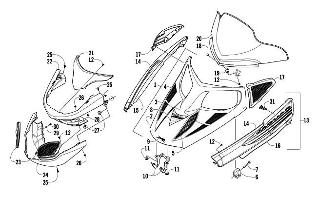 HOOD, WINDSHIELD, AND FRONT BUMPER ASSEMBLY