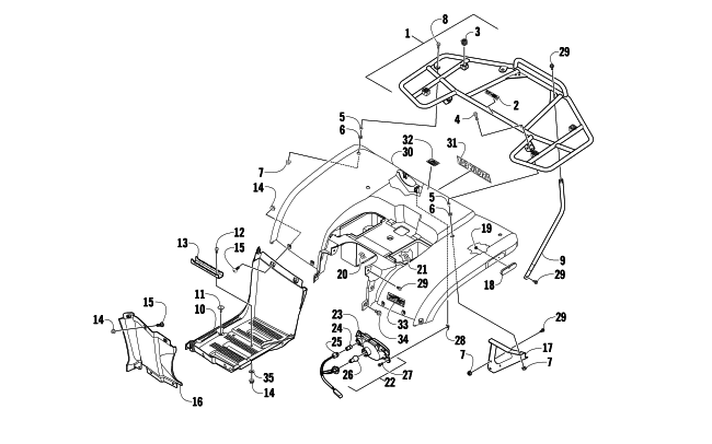 REAR BODY, RACK, AND TAILLIGHT ASSEMBLY