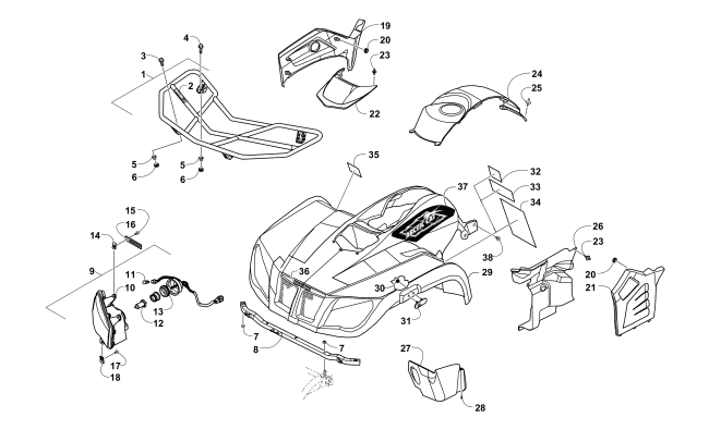 FRONT BODY, RACK, AND HEADLIGHT ASSEMBLY