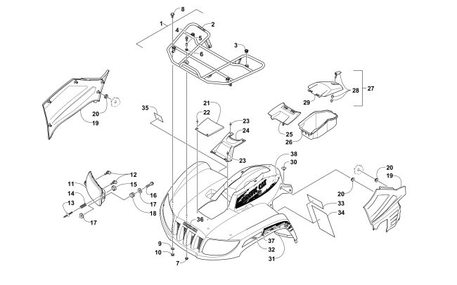 FRONT RACK, BODY PANEL, AND HEADLIGHT ASSEMBLIES (Black)