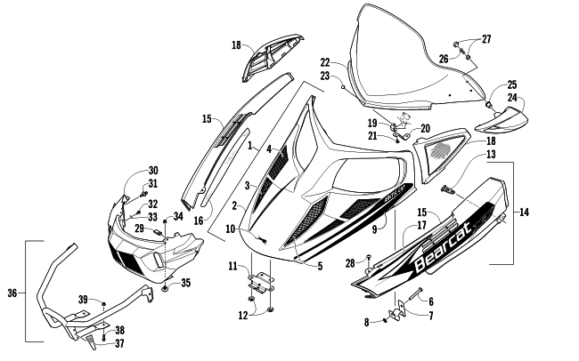 HOOD, WINDSHIELD, AND FRONT BUMPER ASSEMBLY