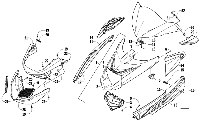 HOOD, WINDSHIELD, AND FRONT BUMPER ASSEMBLY