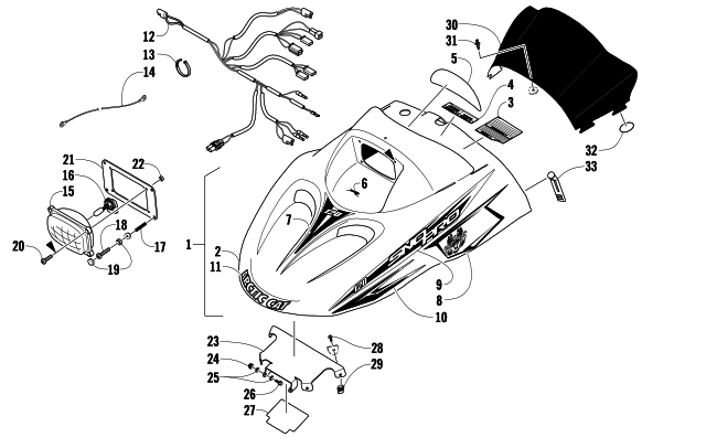 HOOD, HEADLIGHT, AND WINDSHIELD ASSEMBLY