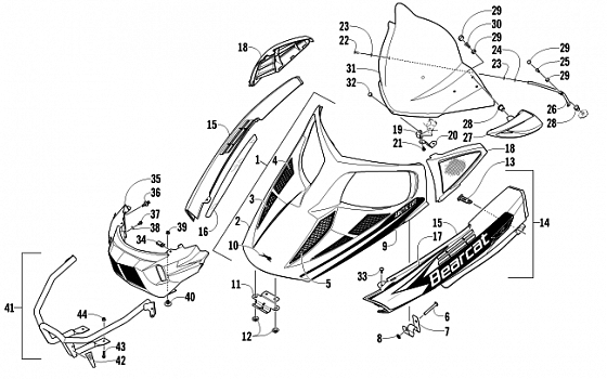 HOOD, WINDSHIELD, AND FRONT BUMPER ASSEMBLY