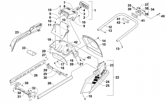 REAR BUMPER, HITCH, RACK RAIL, SNOWFLAP, AND TAILLIGHT ASSEMBLY (OS)