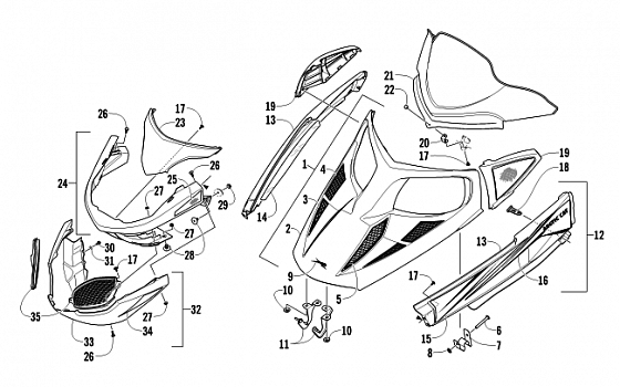 HOOD, WINDSHIELD, AND FRONT BUMPER ASSEMBLY