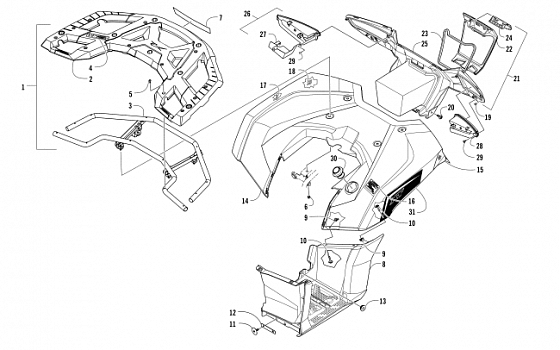 REAR RACK, BODY PANEL, FOOTWELL, AND TAILLIGHT ASSEMBLIES