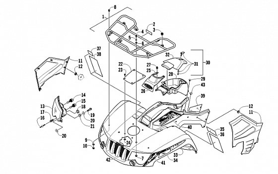 FRONT RACK, BODY PANEL, AND HEADLIGHT ASSEMBLIES