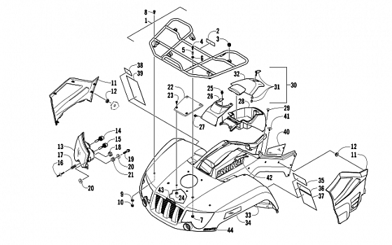 FRONT RACK, BODY PANEL, AND HEADLIGHT ASSEMBLIES