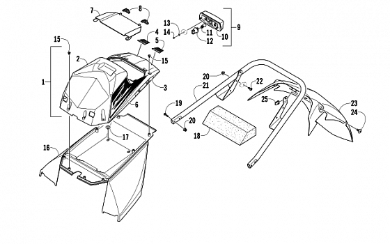 REAR BUMPER, STORAGE BOX, SNOWFLAP, AND TAILLIGHT ASSEMBLY