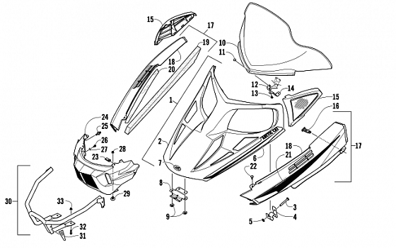 HOOD, WINDSHIELD, AND FRONT BUMPER ASSEMBLY