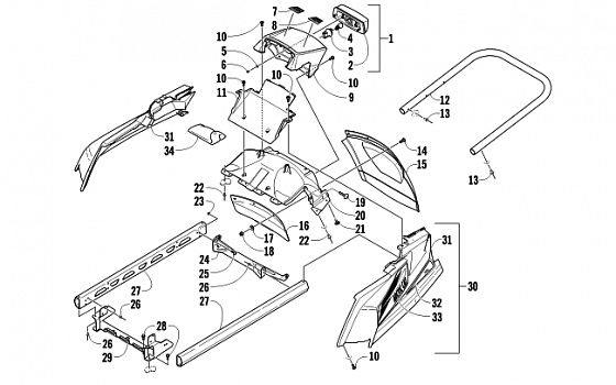 REAR BUMPER, RACK RAIL, SNOWFLAP, AND TAILLIGHT ASSEMBLY